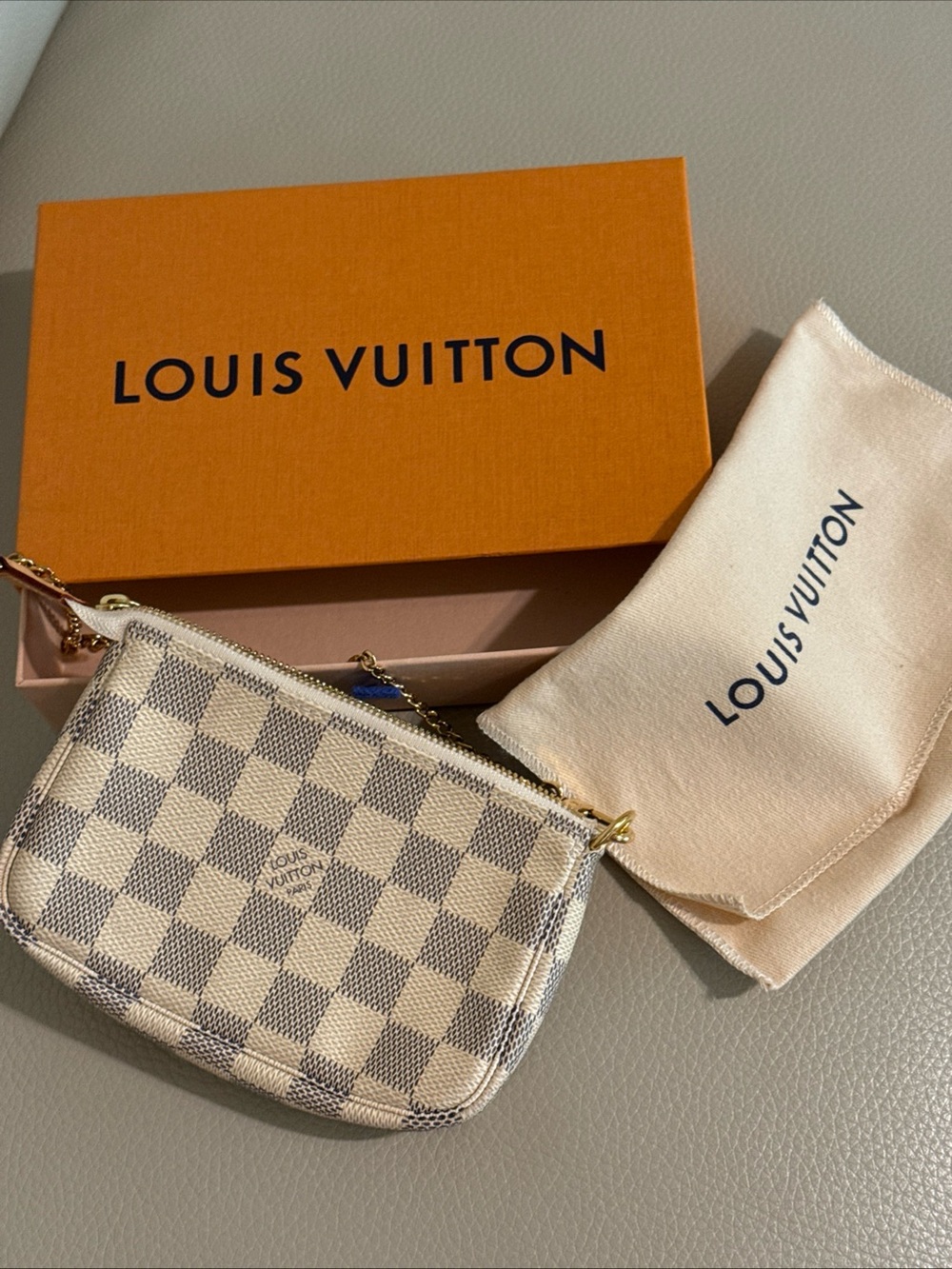 Louis Vuitton Damier Azur Mini Pochette Cream/Blue-Gray Gold Hardware purse